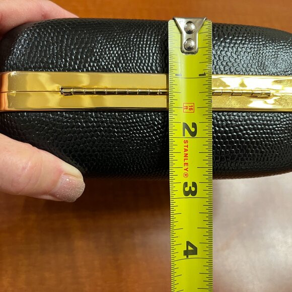 VTG BLACK LEATHER AND RHINESTONE EVENING BAG - RETRACTABLE HANDLE AND LONG CHAIN - Picture 13 of 13